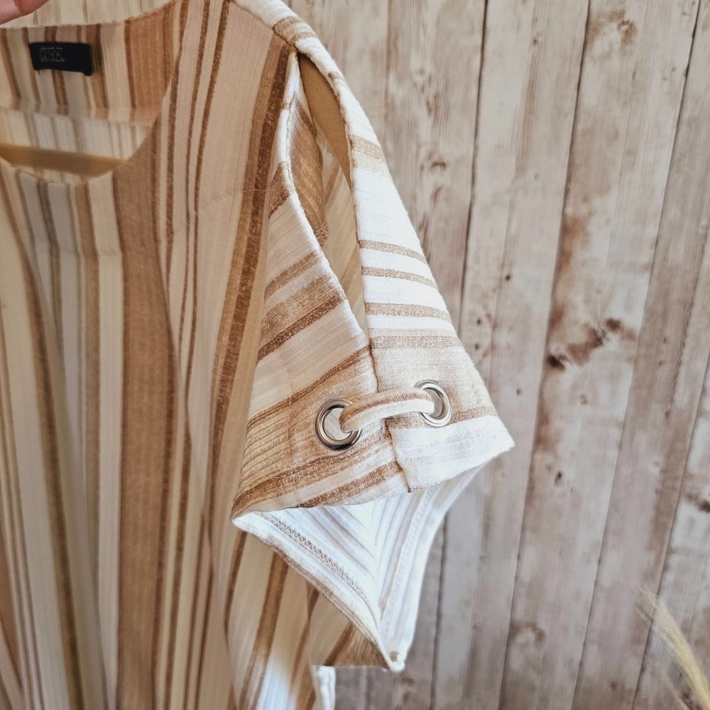 Taupe & Ivory Striped Short Sleeve Top Medium By Cure - Picture 5 of 11